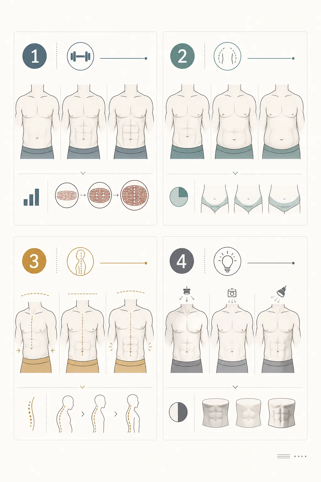 Editorial diagram showing muscle mass, fat distribution, posture, and lighting as factors in abdominal visibility