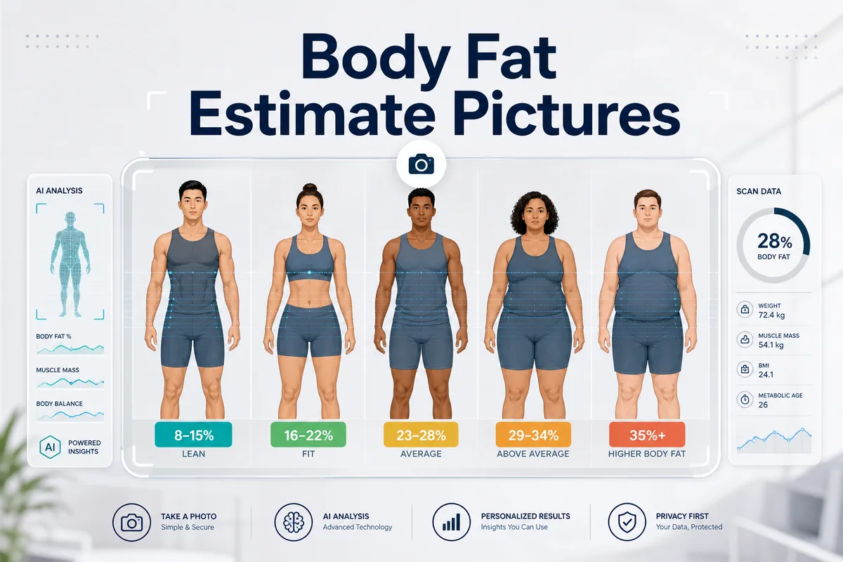 Body fat estimate pictures guide with visual body fat percentage ranges and photo analysis overlay