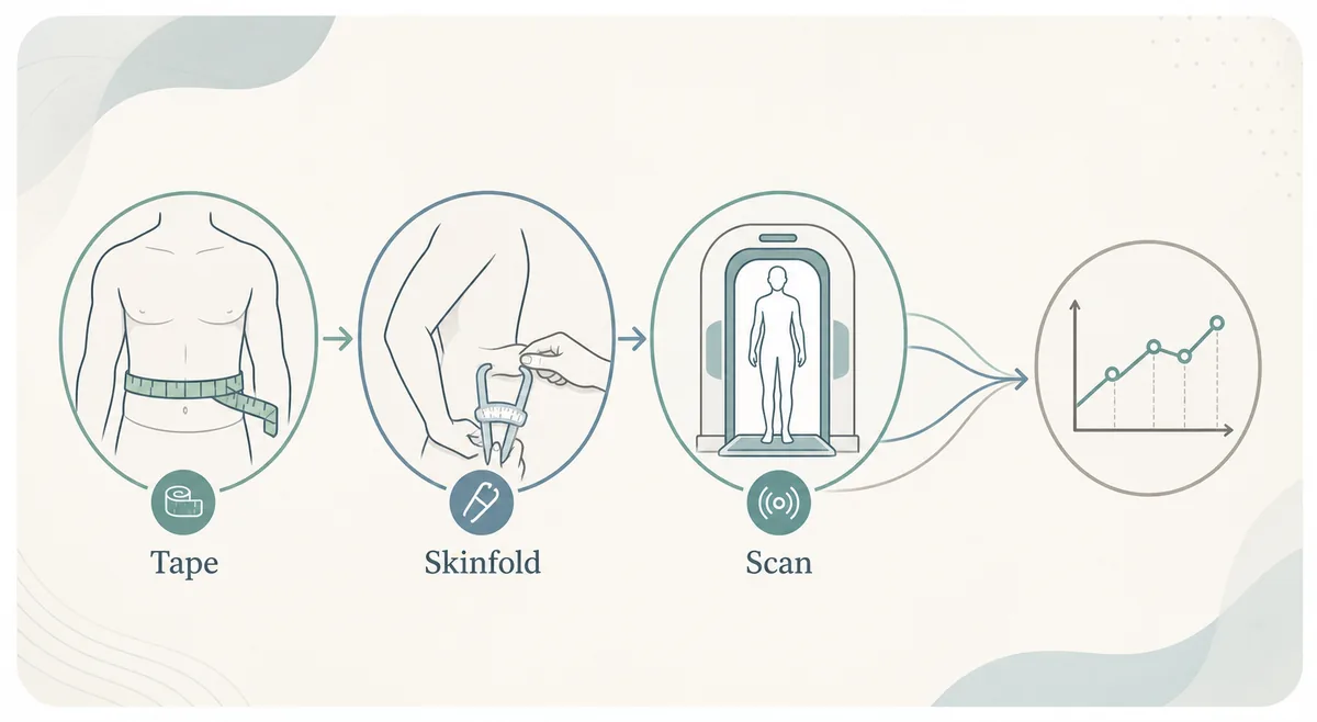 Editorial diagram comparing tape measurement, skinfold calipers, and clinical scan methods for body fat tracking