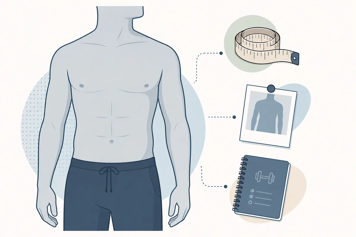 Editorial illustration explaining body fat percentage and abdominal definition with a torso, tape measure, photo, and training notebook