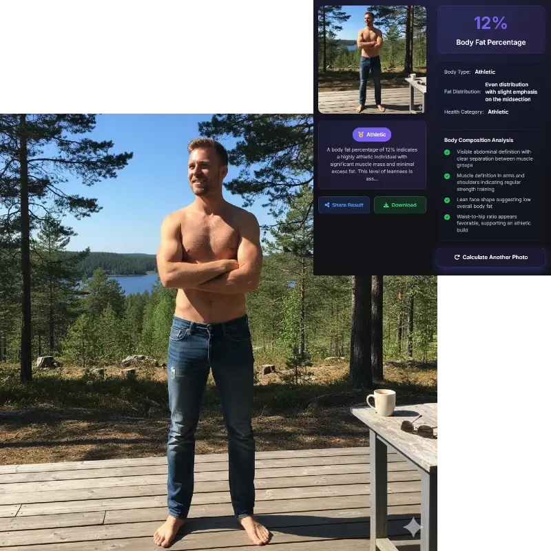 AI body fat calculator showing 12% body fat male in forest - visual body fat percentage guide