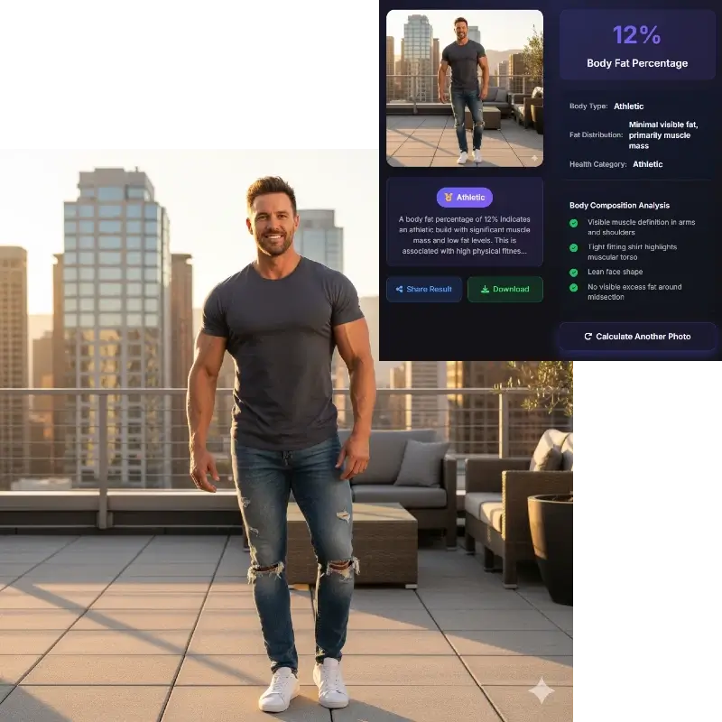 AI body fat calculator result showing 12% body fat male in urban setting - track your fitness progress