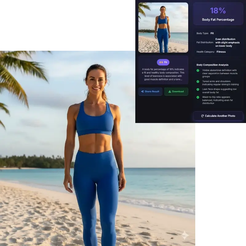 AI body fat calculator result showing 18% body fat female at beach - accurate body fat percentage estimation